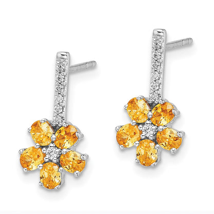 14k White Gold Real Diamond Citrine Flower Earrings