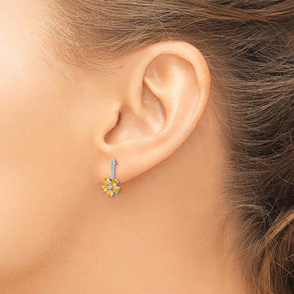 14k White Gold Real Diamond Citrine Flower Earrings