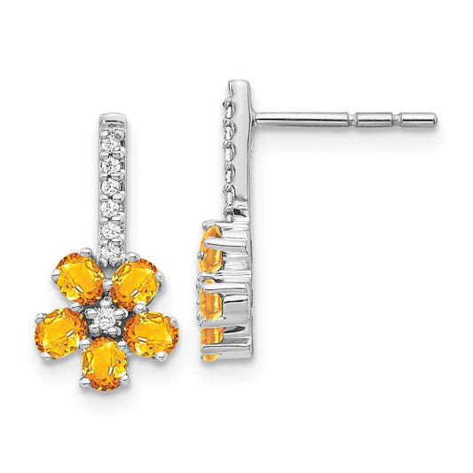 14k White Gold Real Diamond Citrine Flower Earrings