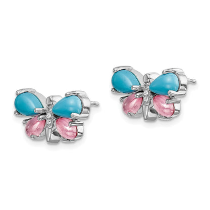 14k White Gold Real Diamond/Turquoise/Rose Quartz Butterfly Earrings