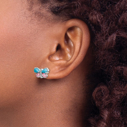 14k White Gold Real Diamond/Turquoise/Rose Quartz Butterfly Earrings