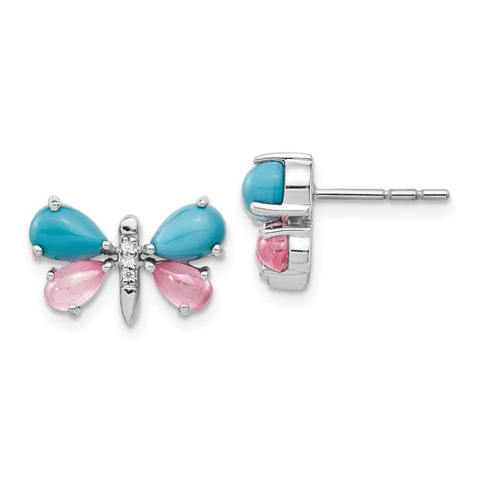 14k White Gold Real Diamond/Turquoise/Rose Quartz Butterfly Earrings