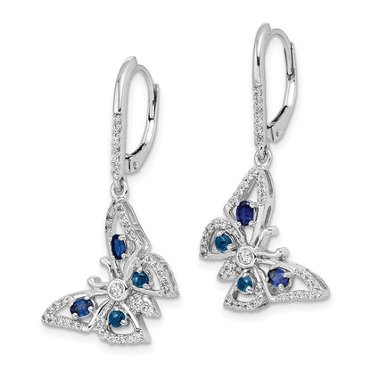 14k White Gold Real Diamond/Sapphire Butterfly Leverback Earrings