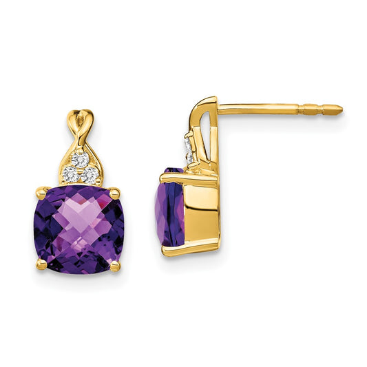 14k Yellow Gold Checkerboard Amethyst and Real Diamond Earrings