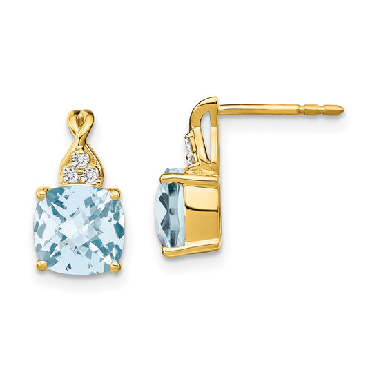 Solid 14k Yellow Gold ChecKerboard Simulated Aquamarine and CZ Earrings