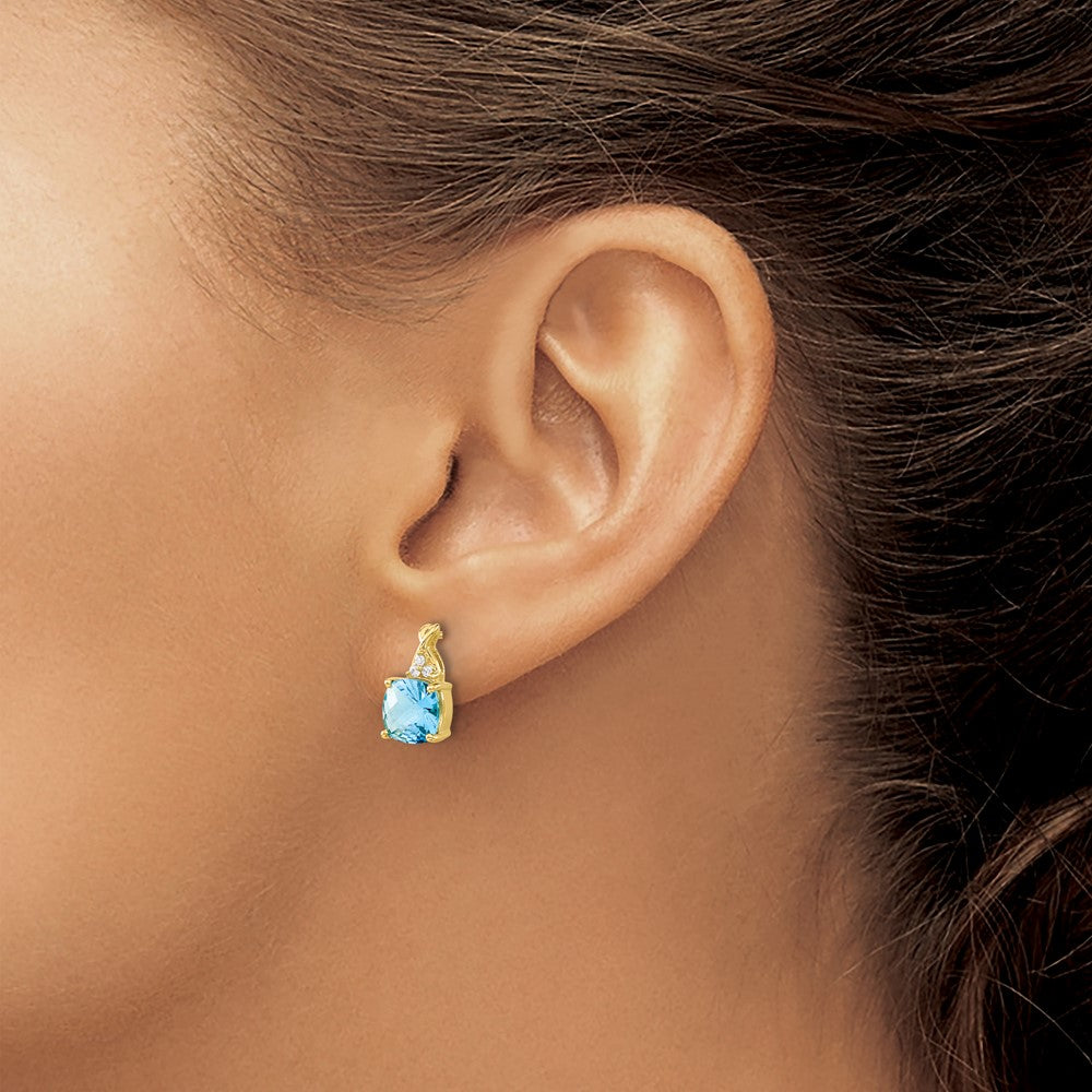 14k Yellow Gold Checkerboard Blue Topaz and Real Diamond Earrings
