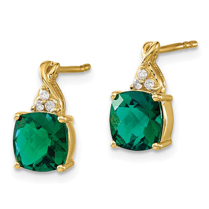 14k Yellow Gold Checkerboard Created Emerald and Real Diamond Earrings
