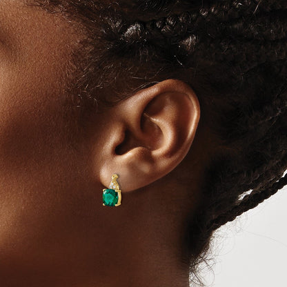 14k Yellow Gold Checkerboard Created Emerald and Real Diamond Earrings
