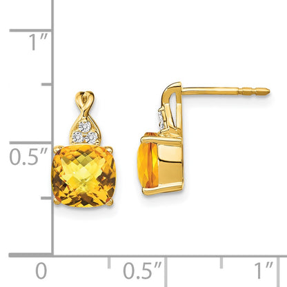 14k Yellow Gold Checkerboard Citrine and Real Diamond Earrings