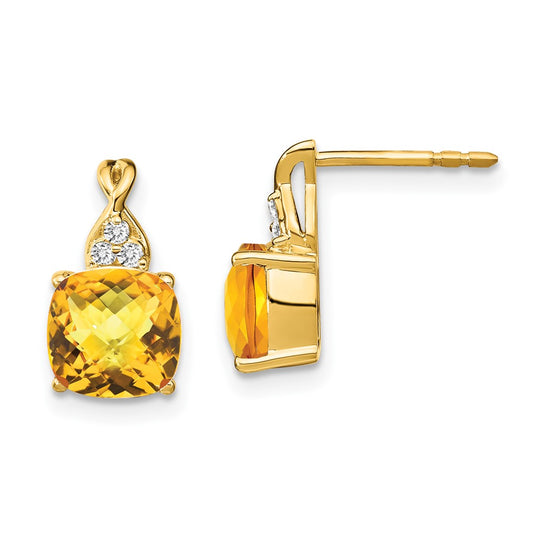 14k Yellow Gold Checkerboard Citrine and Real Diamond Earrings