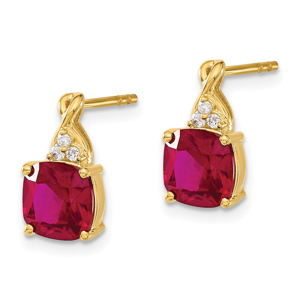 14k Yellow Gold Checkerboard Created Ruby and Real Diamond Earrings