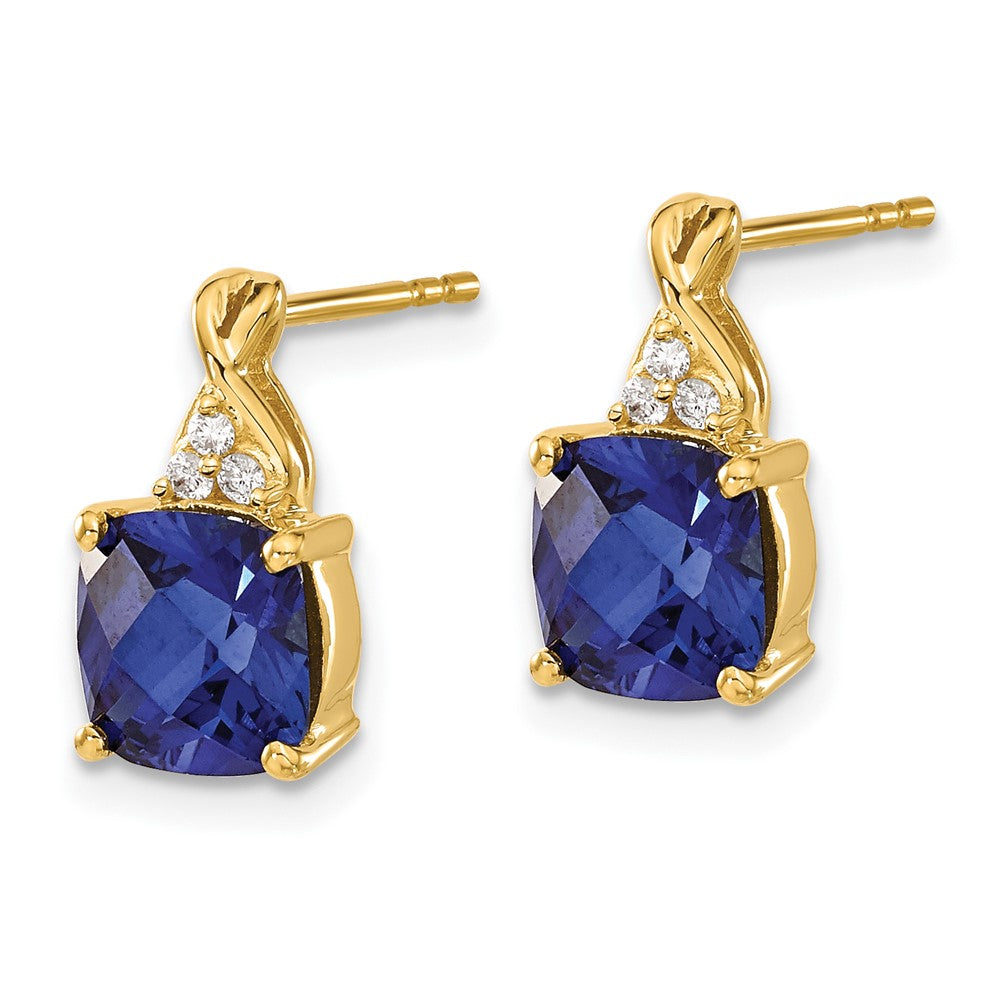 14k Yellow Gold Checkerboard Created Sapphire and Real Diamond Earrings