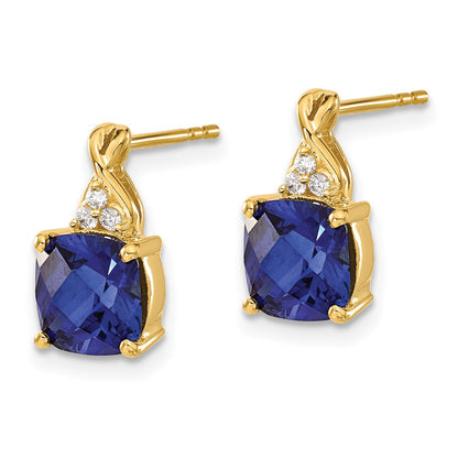 14k Yellow Gold Checkerboard Created Sapphire and Real Diamond Earrings