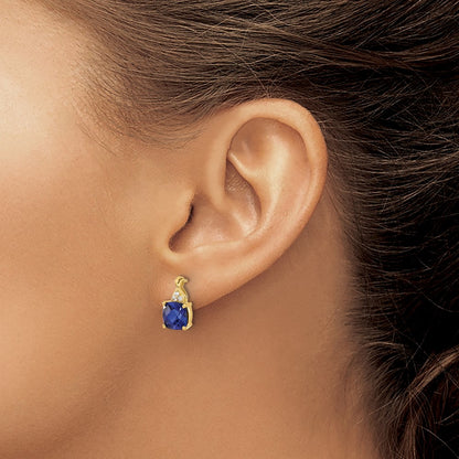 14k Yellow Gold Checkerboard Created Sapphire and Real Diamond Earrings