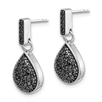 14k White Gold Real Diamond Black Teardrop Dangle Post Earrings