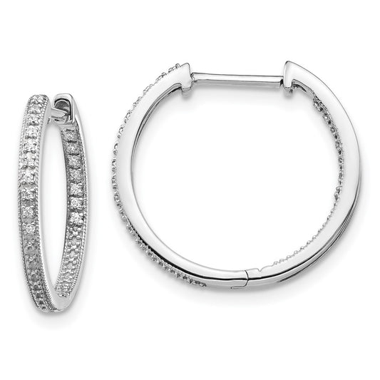 14k White Gold Polished Real Diamond In/Out Hinged Hoop Earrings