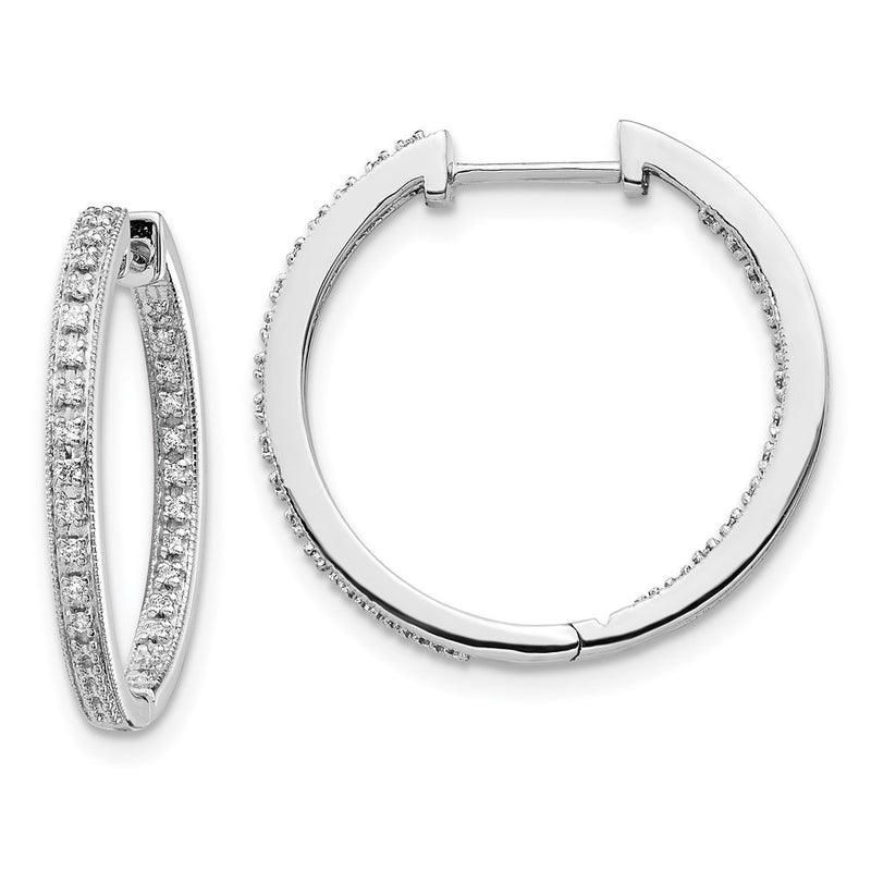 14k White Gold Polished Real Diamond In/Out Hinged Hoop Earrings