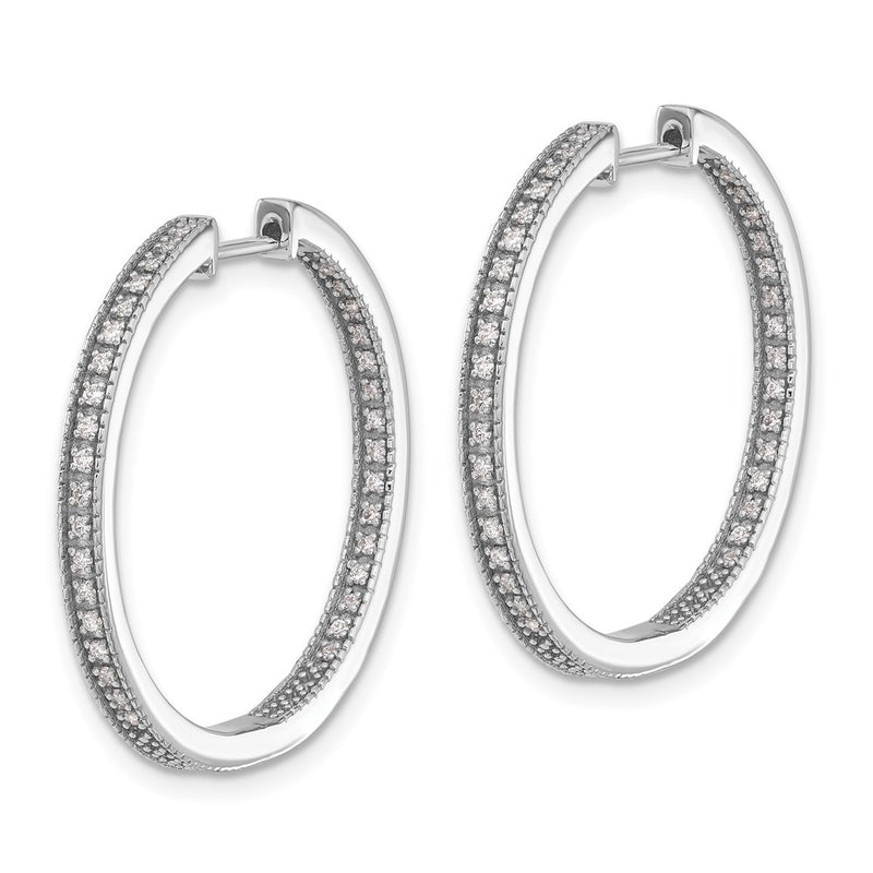 14k White Gold Polished Real Diamond In/Out Hinged Hoop Earrings