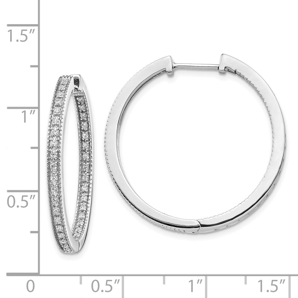 14k White Gold Polished Real Diamond In/Out Hinged Hoop Earrings