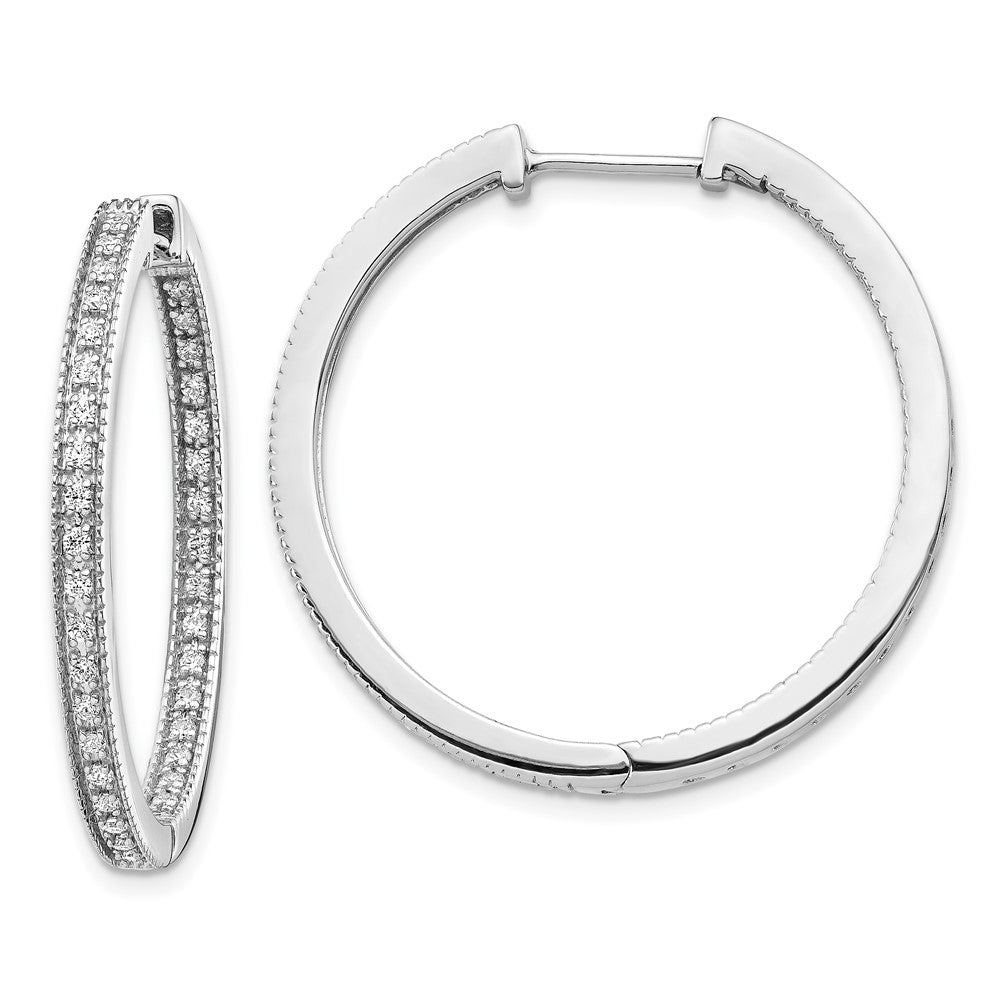 14k White Gold Polished Real Diamond In/Out Hinged Hoop Earrings