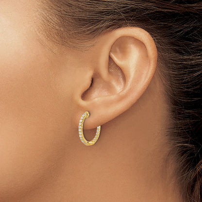 Solid 14k Yellow Gold Polished Simulated CZ In/Out Hinged Hoop Earrings