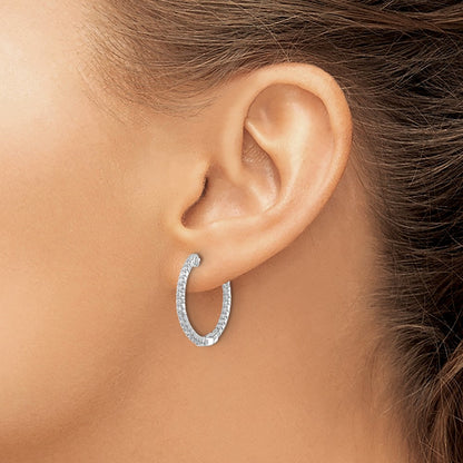 14k White Gold Polished Real Diamond In/Out Hinged Hoop Earrings