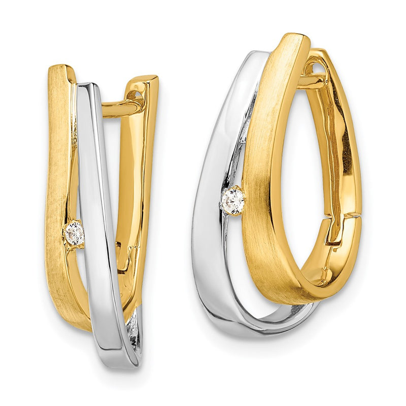 14k Yellow Gold With White Rhodium Real Diamond Hinged Hoop Earrings