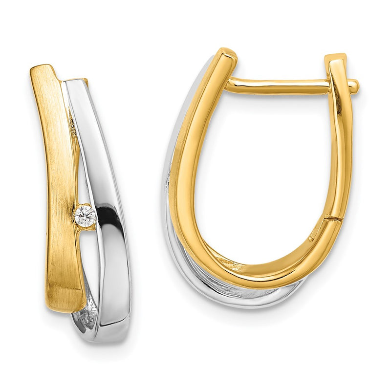 14k Yellow Gold With White Rhodium Real Diamond Hinged Hoop Earrings