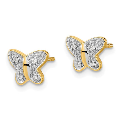 14k Yellow Gold w/Rhodium Real Diamond Butterfly Post Earrings