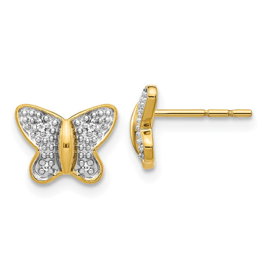 14k Yellow Gold w/Rhodium Real Diamond Butterfly Post Earrings