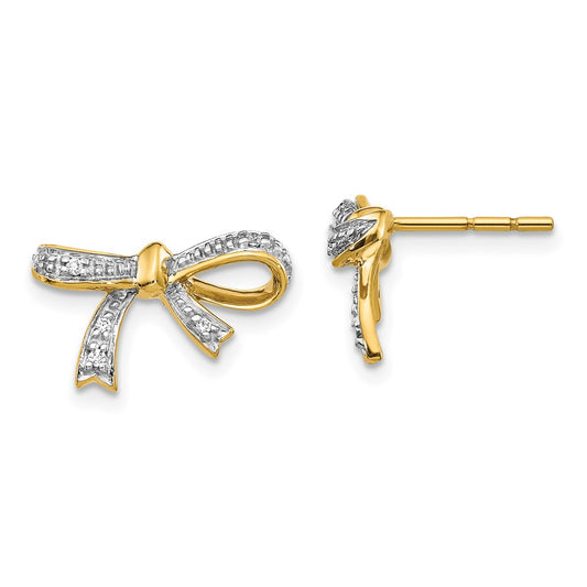 Solid 14k Yellow Gold Simulated CZ Bow Post Earrings