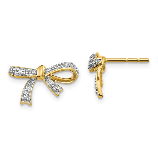 14k Yellow Gold Real Diamond Bow Post Earrings