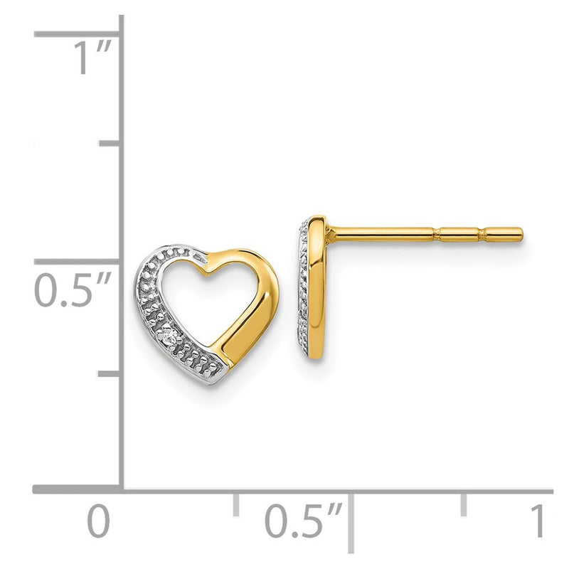 14k Yellow Gold and Rhodium Real Diamond Heart Post Earrings