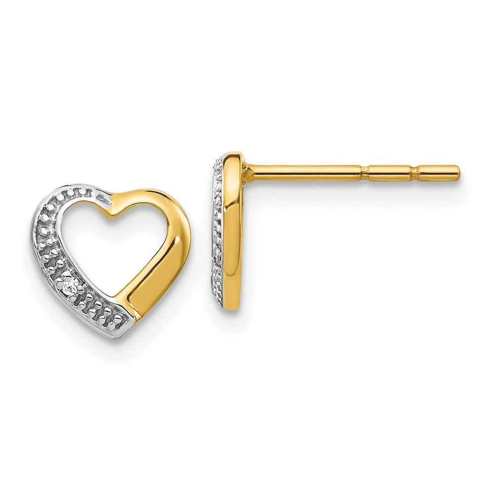 14k Yellow Gold and Rhodium Real Diamond Heart Post Earrings