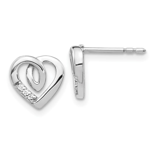 14k White Gold Real Diamond Heart Post Earrings