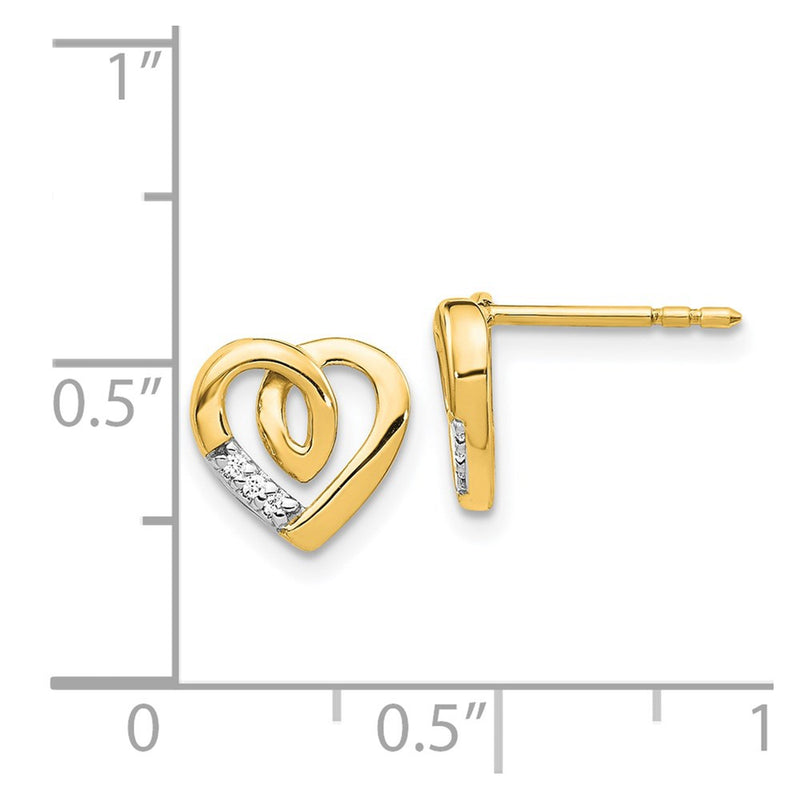 14k Yellow Gold Real Diamond Heart Post Earrings