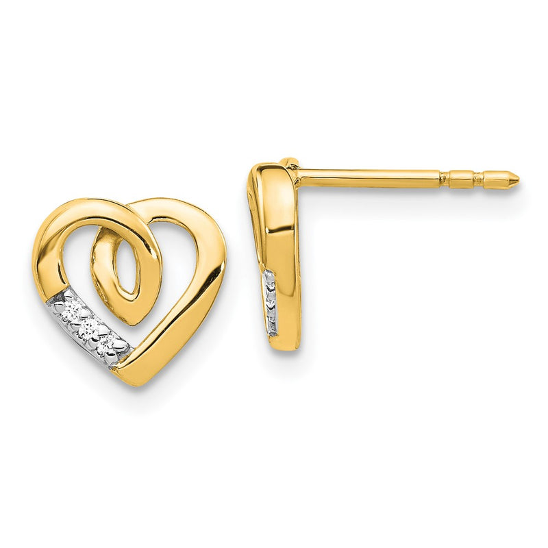 14k Yellow Gold Real Diamond Heart Post Earrings