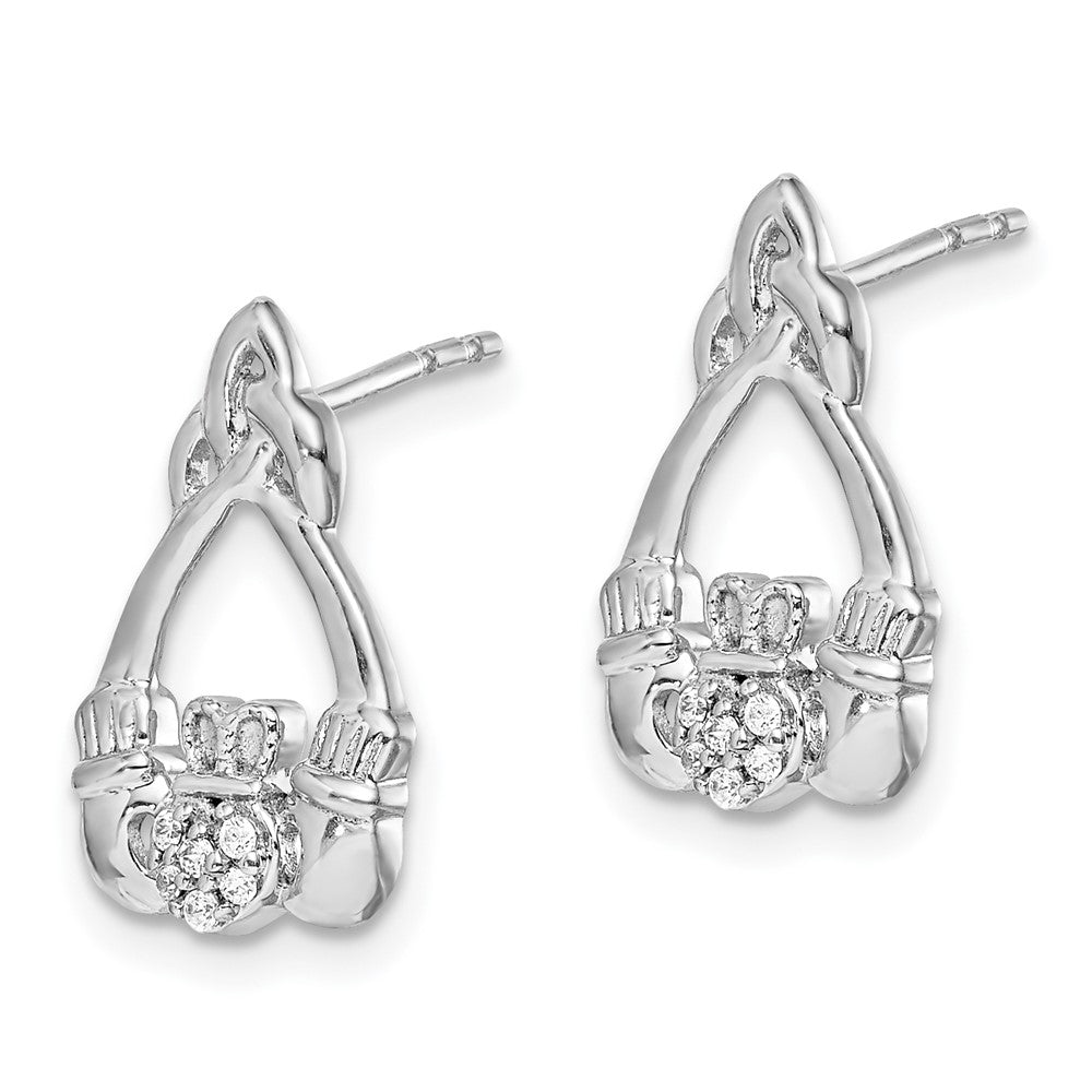Solid 14k White Gold Simulated CZ Claddagh Post Earrings