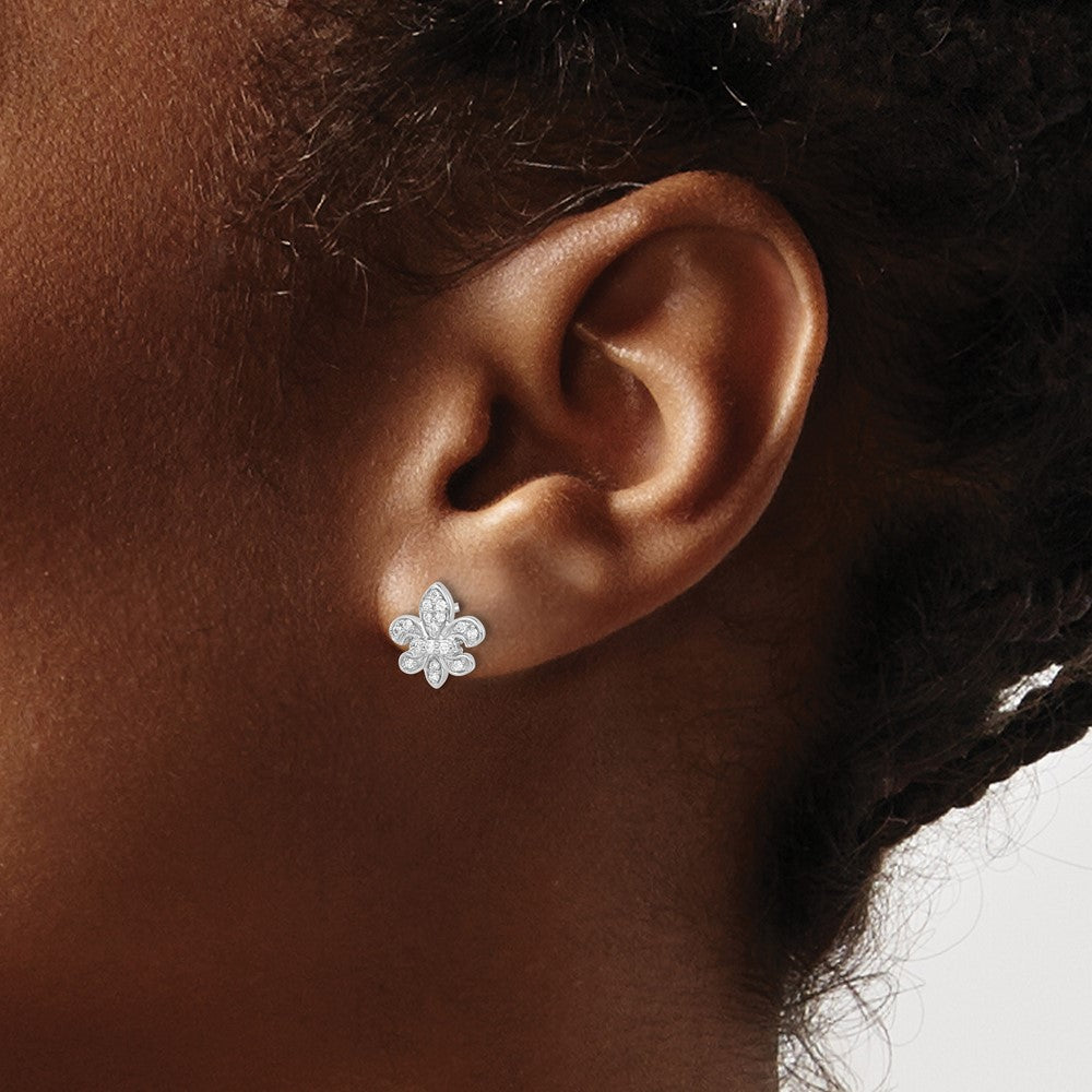14k White Gold Real Diamond Fleur de Lis Post Earrings