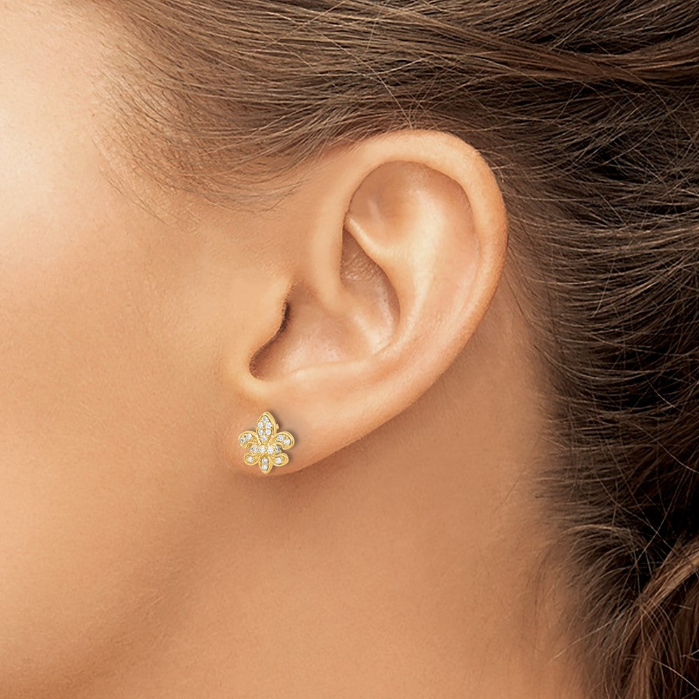 14k Yellow Gold Real Diamond Fleur de Lis Post Earrings