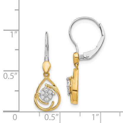 Solid 14k Two-tone Simulated CZ Teardrop Dangle LeverbacK Earrings