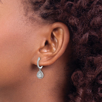 14k White Gold Real Diamond Teardrop Hinged Hoop Earrings