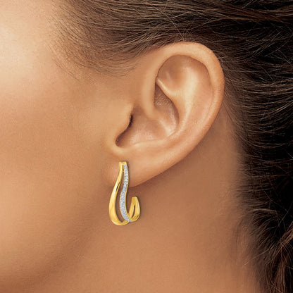 14k Yellow Gold w/Rhodium Real Diamond J-Hoop Post Earrings