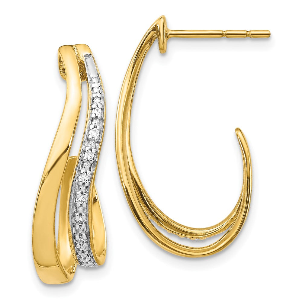 14k Yellow Gold w/Rhodium Real Diamond J-Hoop Post Earrings EM5584-007-YA