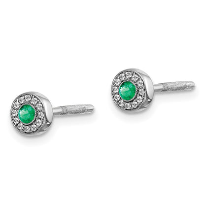 14k White Gold Real Diamond and Emerald Halo Post Earrings