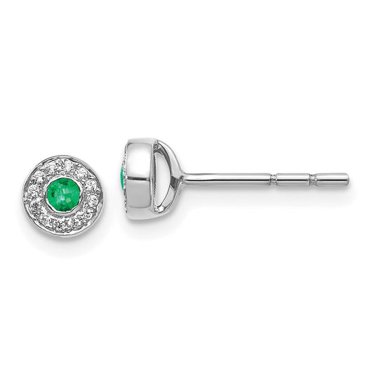 14k White Gold Real Diamond and Emerald Halo Post Earrings