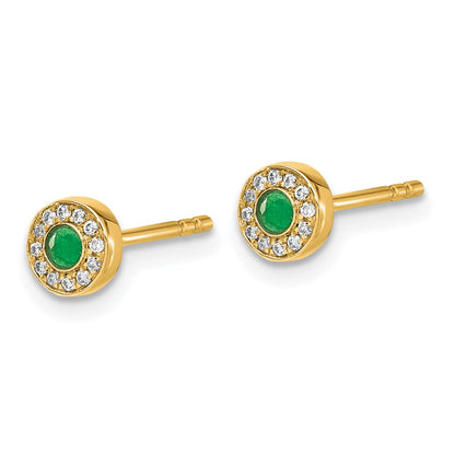 14k Yellow Gold Real Diamond and Emerald Halo Post Earrings