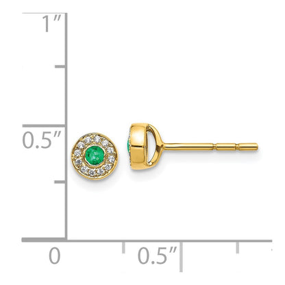 14k Yellow Gold Real Diamond and Emerald Halo Post Earrings