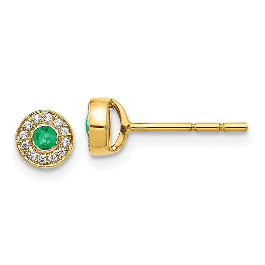 14k Yellow Gold Real Diamond and Emerald Halo Post Earrings