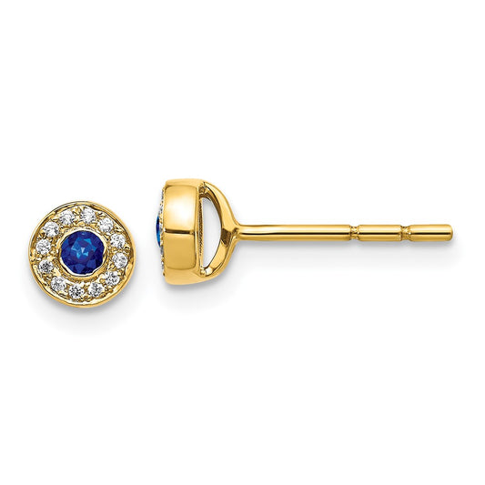 Solid 14k Yellow Gold Simulated CZ and Sapphire Halo Post Earrings